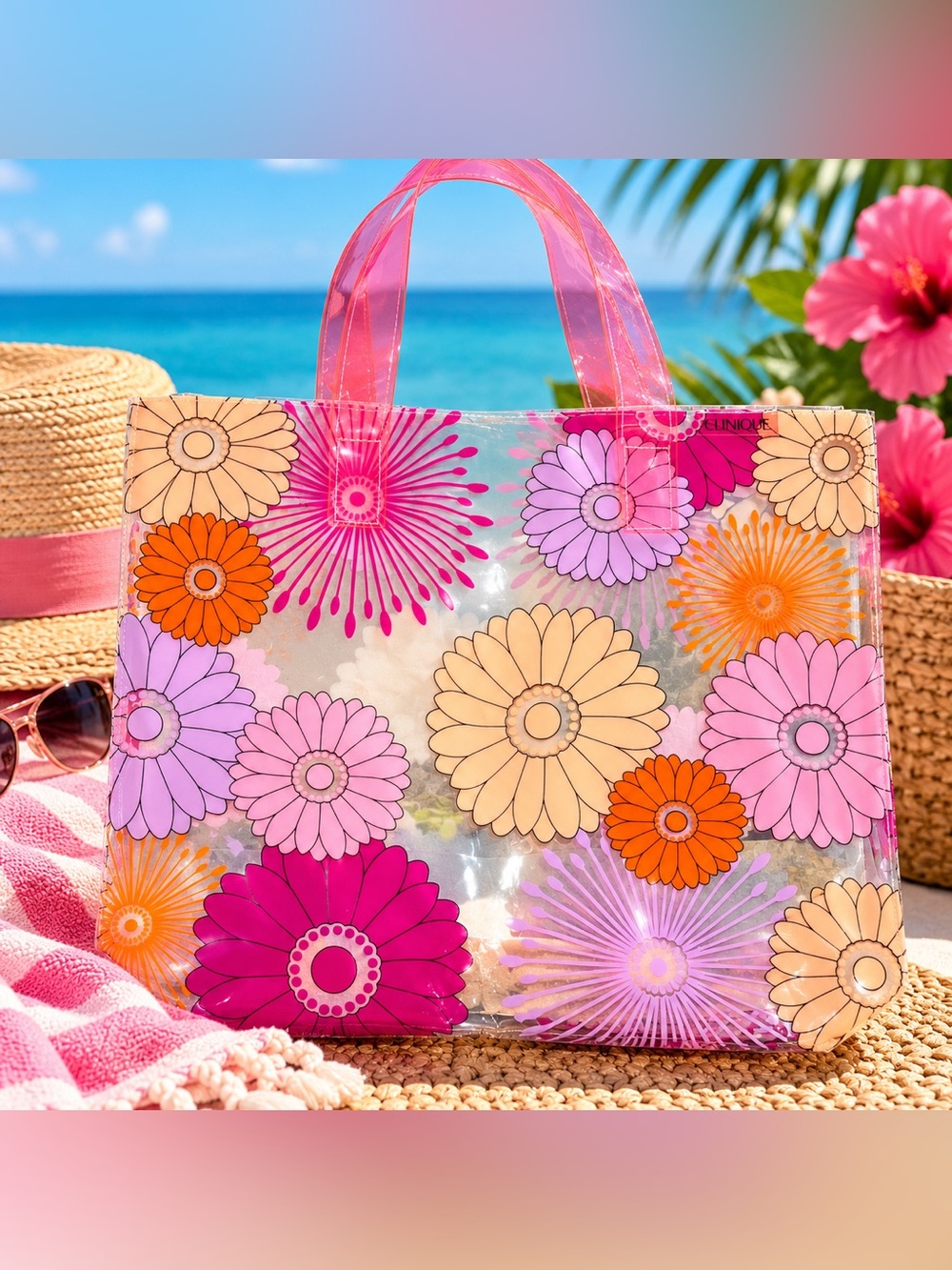 🌸 NWT Clinique Beauty in Bloom Clear PVC Floral Beach Tote Bag